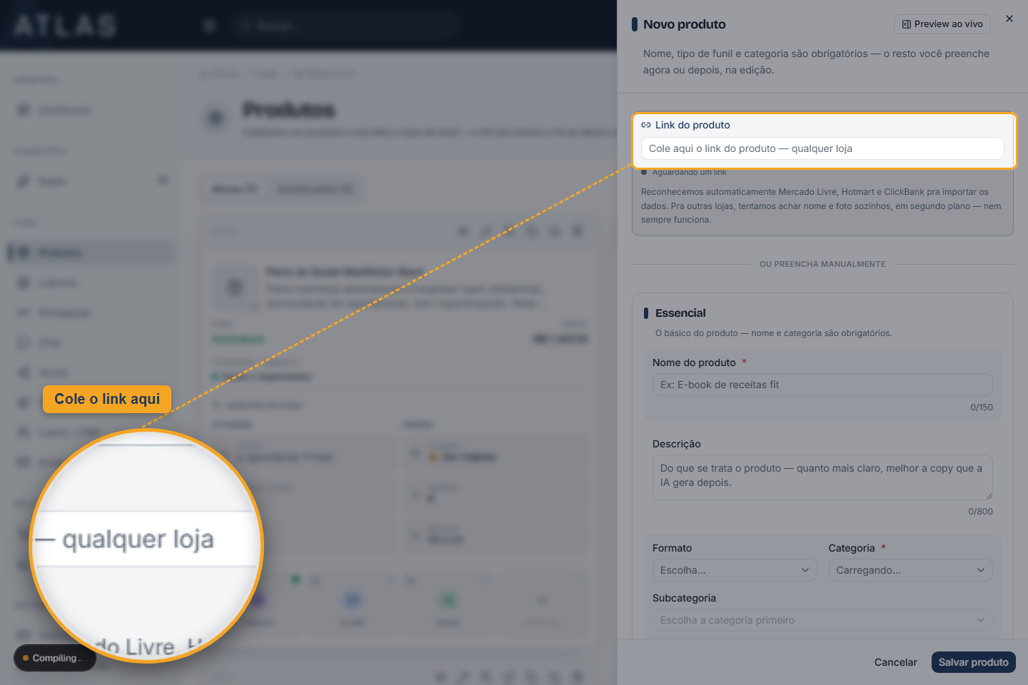 Tela de Novo produto no ATLAS, com destaque no campo Link do produto onde se cola o link pra importar os dados automaticamente