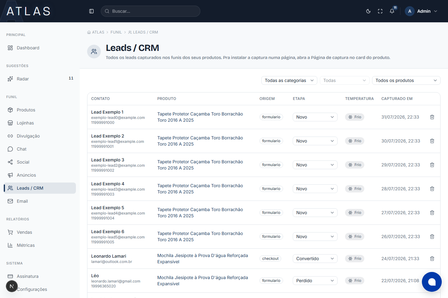 Tela Leads / CRM do ATLAS, com a lista de contatos capturados, produto de origem, etapa e temperatura de cada lead
