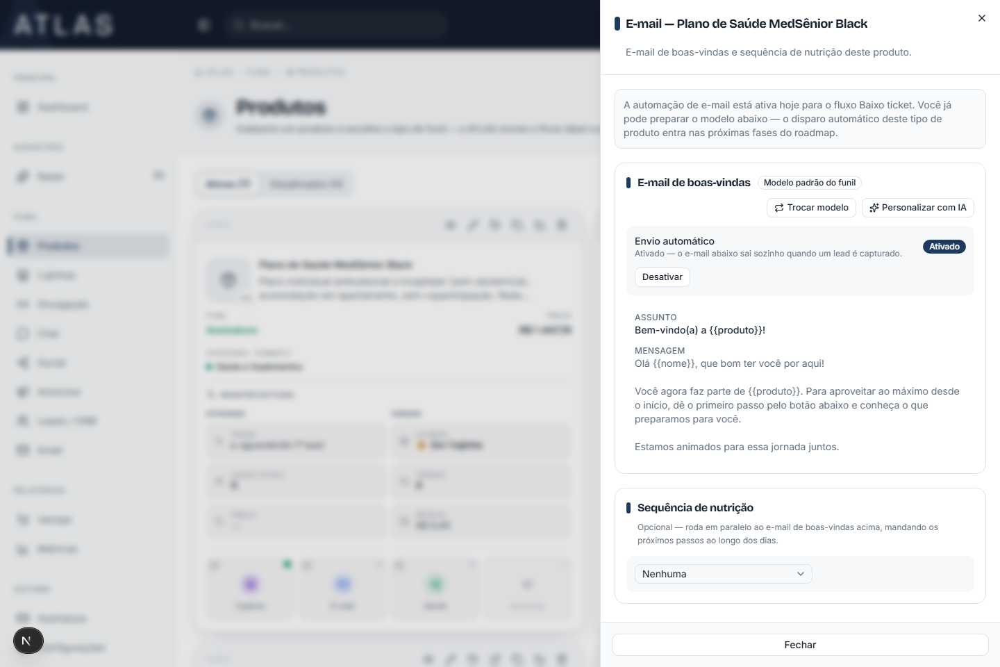Painel E-mail de boas-vindas de um produto no ATLAS, mostrando o envio automático ativado, assunto e mensagem do e-mail
